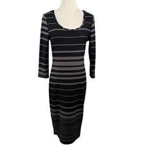 Feathers Womens L Midi Sheath Dress Black Grey Striped Geometric Knit Casual